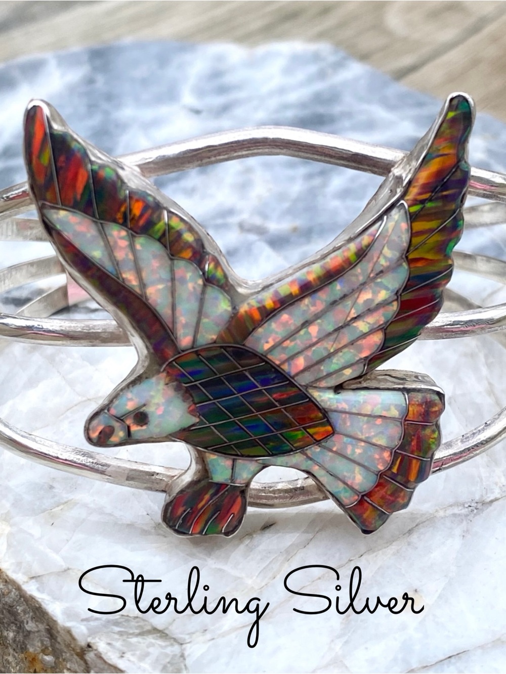 Vintage-Native American Navajo Eagle Sterling Silver Opal Inlay Cuff Bracelet